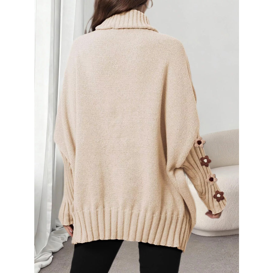 Oversized Turtleneck Sweater with Floral Applique Sleeves Apparel and Accessories