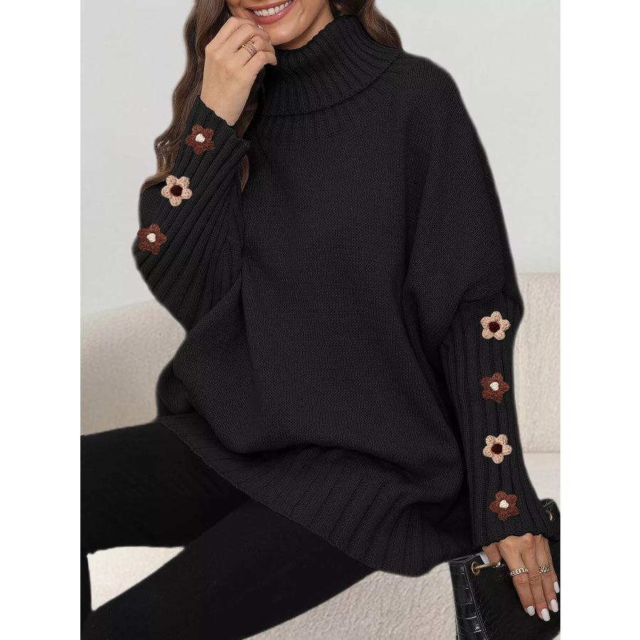 Oversized Turtleneck Sweater with Floral Applique Sleeves Apparel and Accessories
