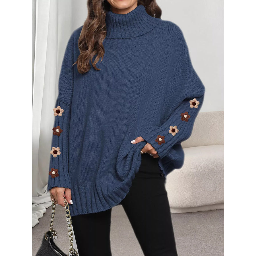 Oversized Turtleneck Sweater with Floral Applique Sleeves Apparel and Accessories