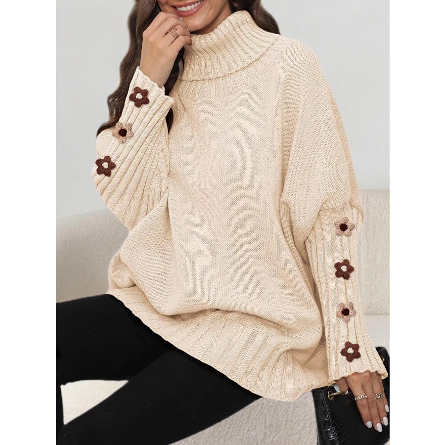 Oversized Turtleneck Sweater with Floral Applique Sleeves Apparel and Accessories