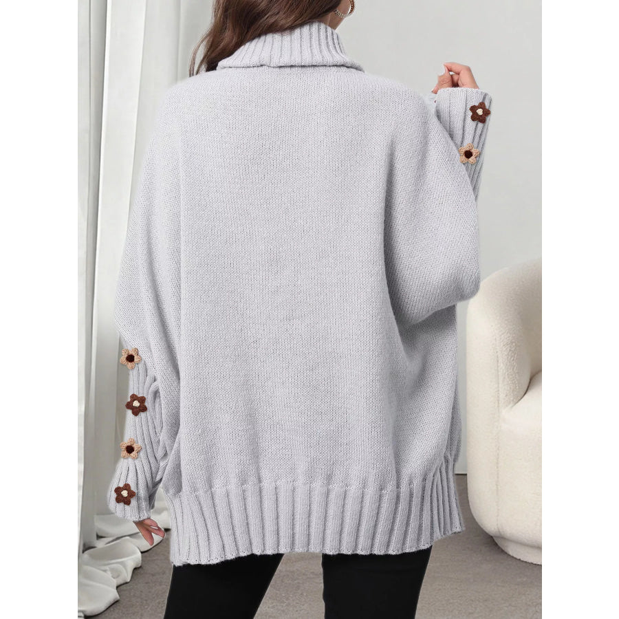 Oversized Turtleneck Sweater with Floral Applique Sleeves Apparel and Accessories