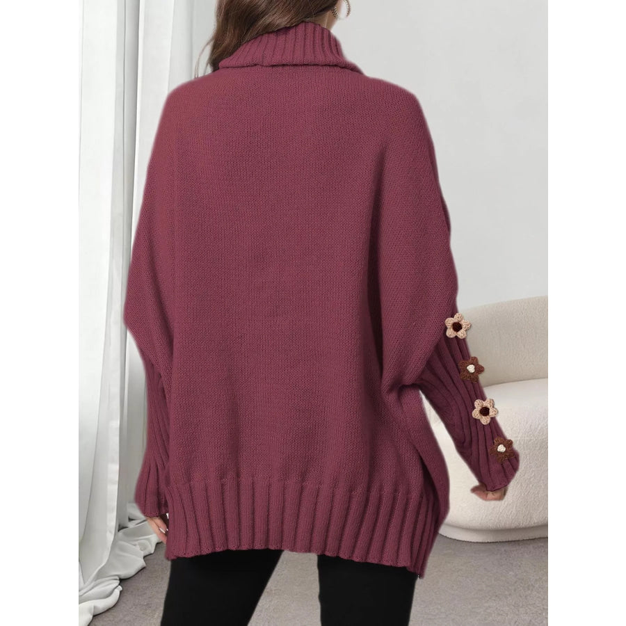 Oversized Turtleneck Sweater with Floral Applique Sleeves Apparel and Accessories