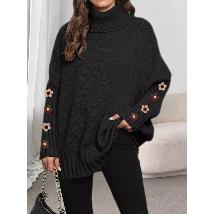 Oversized Turtleneck Sweater with Floral Applique Sleeves Apparel and Accessories