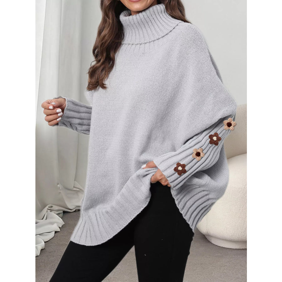Oversized Turtleneck Sweater with Floral Applique Sleeves Apparel and Accessories