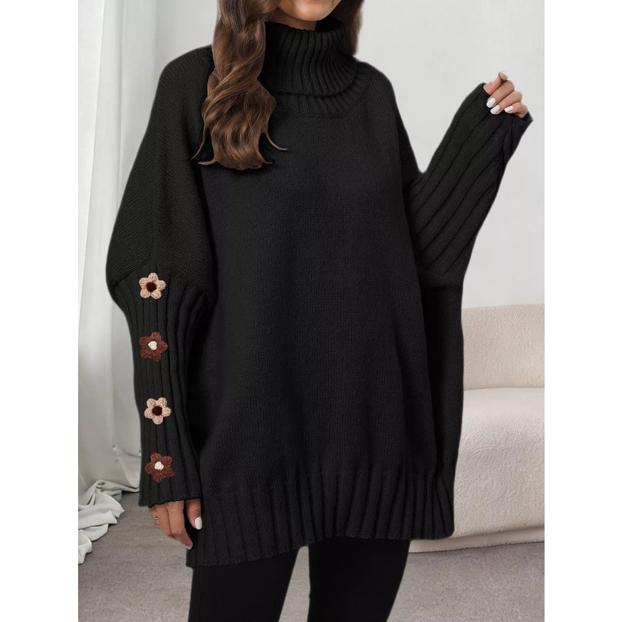 Oversized Turtleneck Sweater with Floral Applique Sleeves Black / One Size Apparel and Accessories
