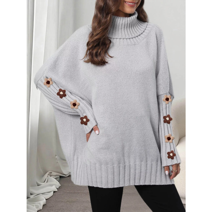 Oversized Turtleneck Sweater with Floral Applique Sleeves Gray / One Size Apparel and Accessories