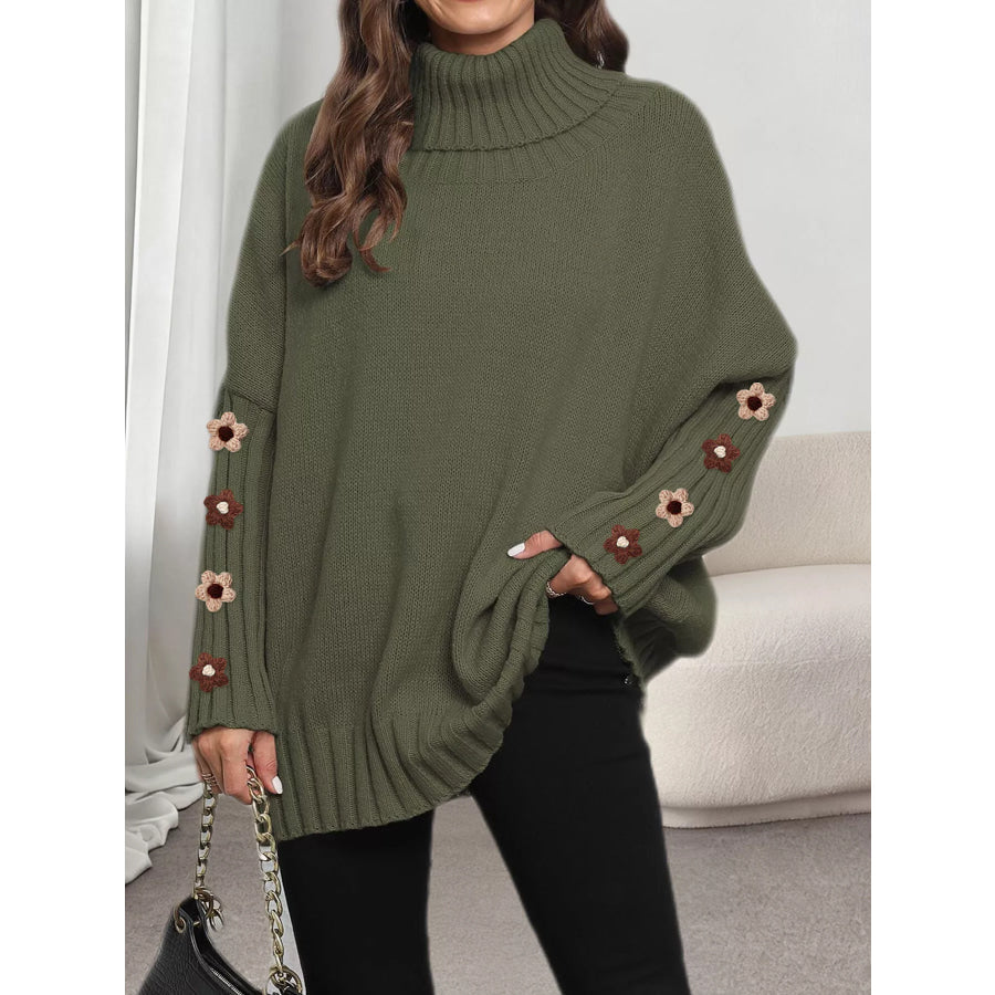 Oversized Turtleneck Sweater with Floral Applique Sleeves Military Green / One Size Apparel and Accessories