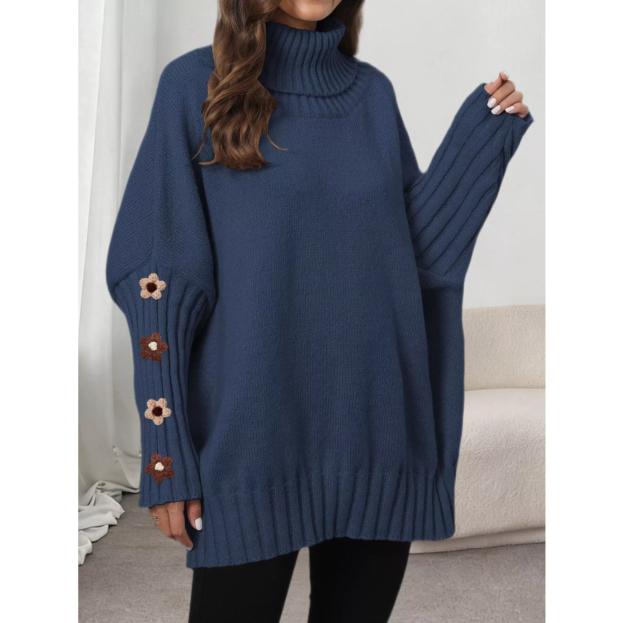 Oversized Turtleneck Sweater with Floral Applique Sleeves Navy Blue / One Size Apparel and Accessories