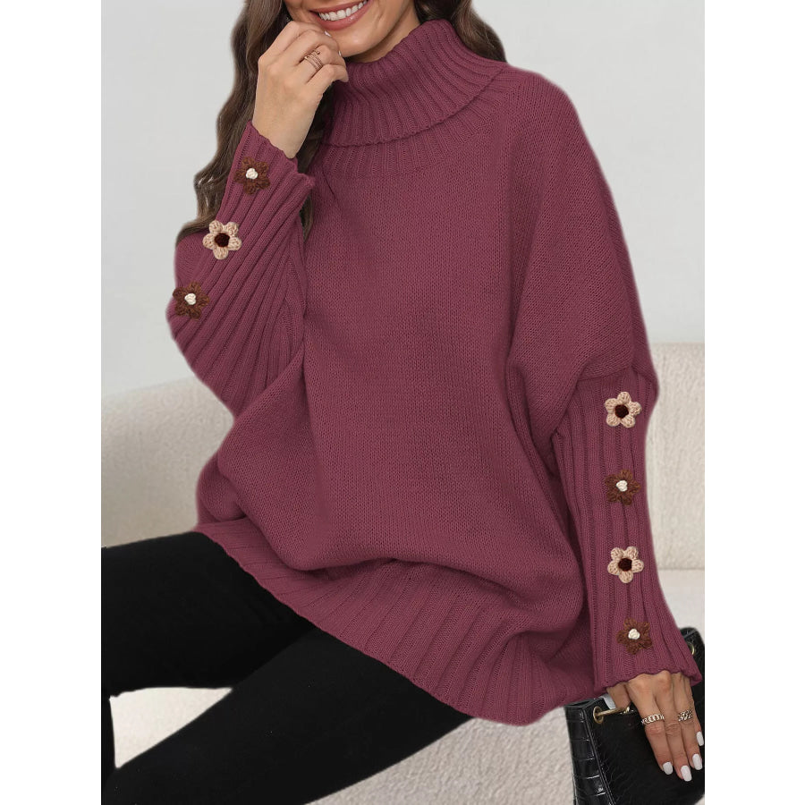 Oversized Turtleneck Sweater with Floral Applique Sleeves Wine Red / One Size Apparel and Accessories