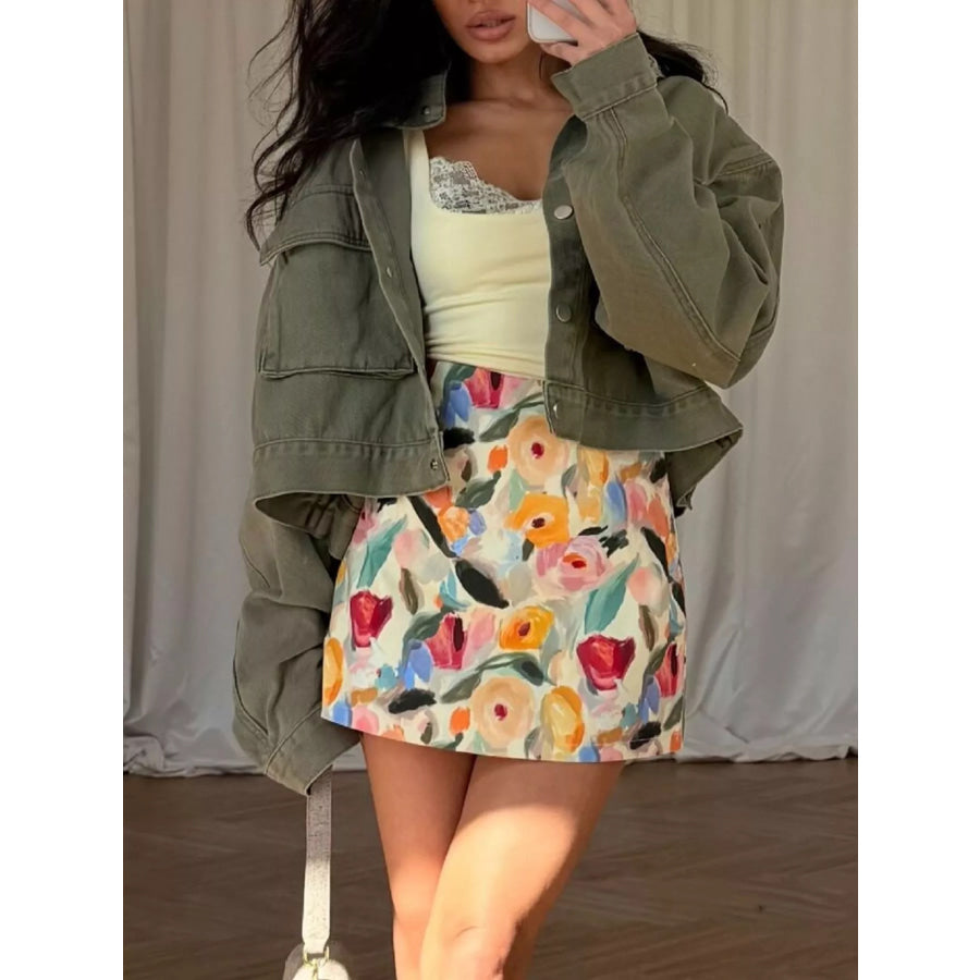 Oversized Utility Cropped Denim Jacket Army Green / S Apparel and Accessories