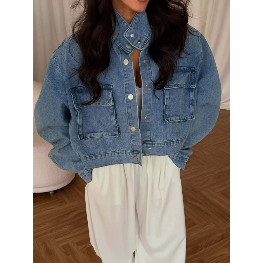 Oversized Utility Cropped Denim Jacket Blue / S Apparel and Accessories