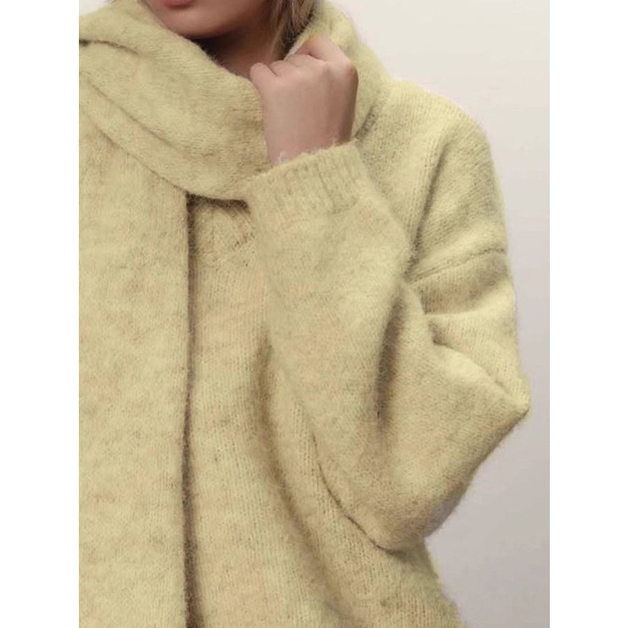 Oversized V-Neck Dropped Shoulder Sweater with Scarf Apparel and Accessories