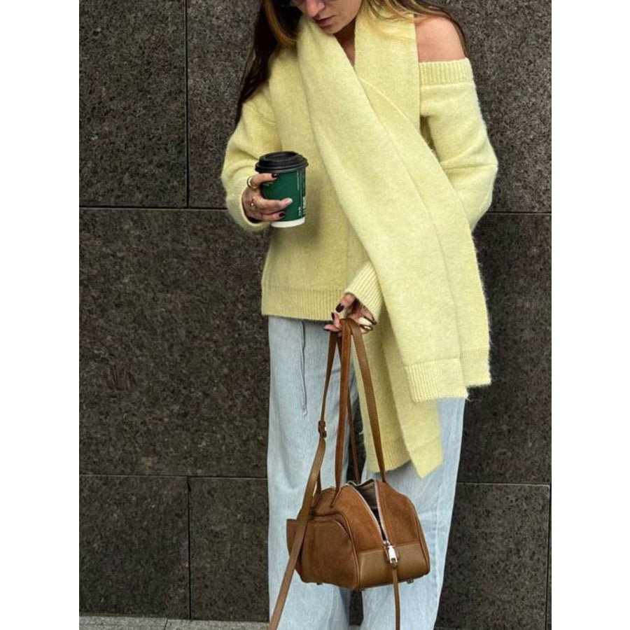 Oversized V-Neck Dropped Shoulder Sweater with Scarf Apparel and Accessories