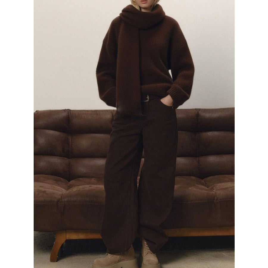 Oversized V-Neck Dropped Shoulder Sweater with Scarf Brown / One Size Apparel and Accessories