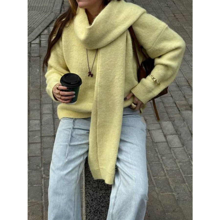 Oversized V-Neck Dropped Shoulder Sweater with Scarf Green / One Size Apparel and Accessories