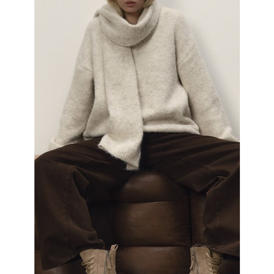 Oversized V-Neck Dropped Shoulder Sweater with Scarf Khaki / One Size Apparel and Accessories