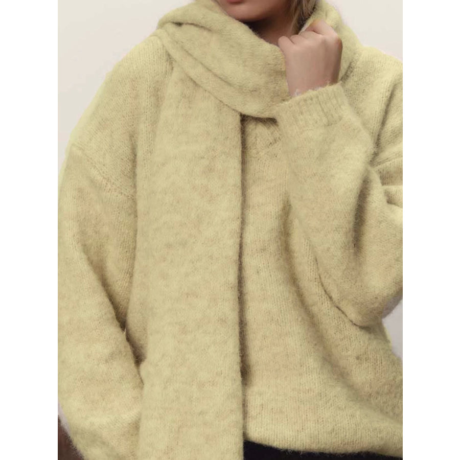 Oversized V-Neck Dropped Shoulder Sweater with Scarf Yellow / One Size Apparel and Accessories