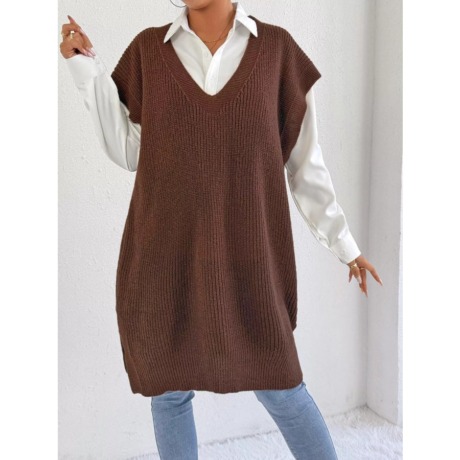 Oversized V-Neck Sweater Vest Coffee / One size fits all Apparel and Accessories