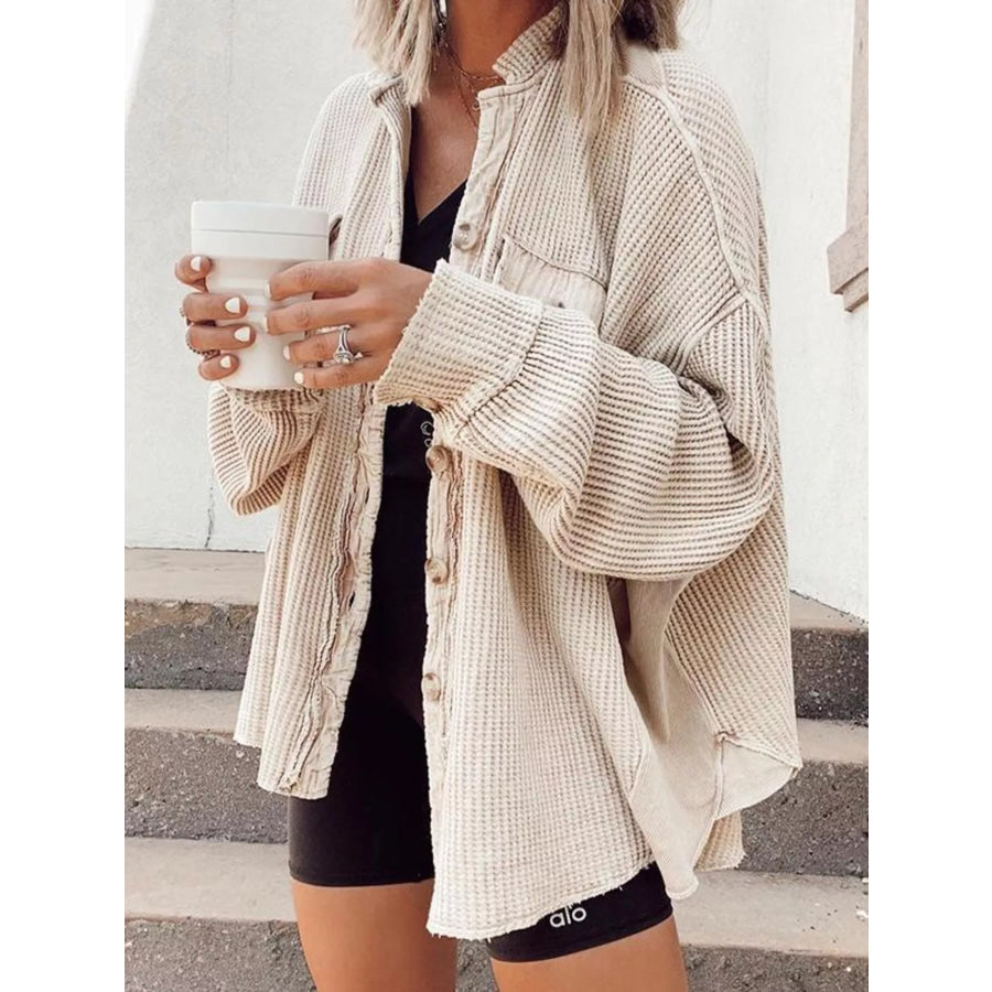 Oversized Waffle Knit Button-Up Jacket Apricot / S Apparel and Accessories