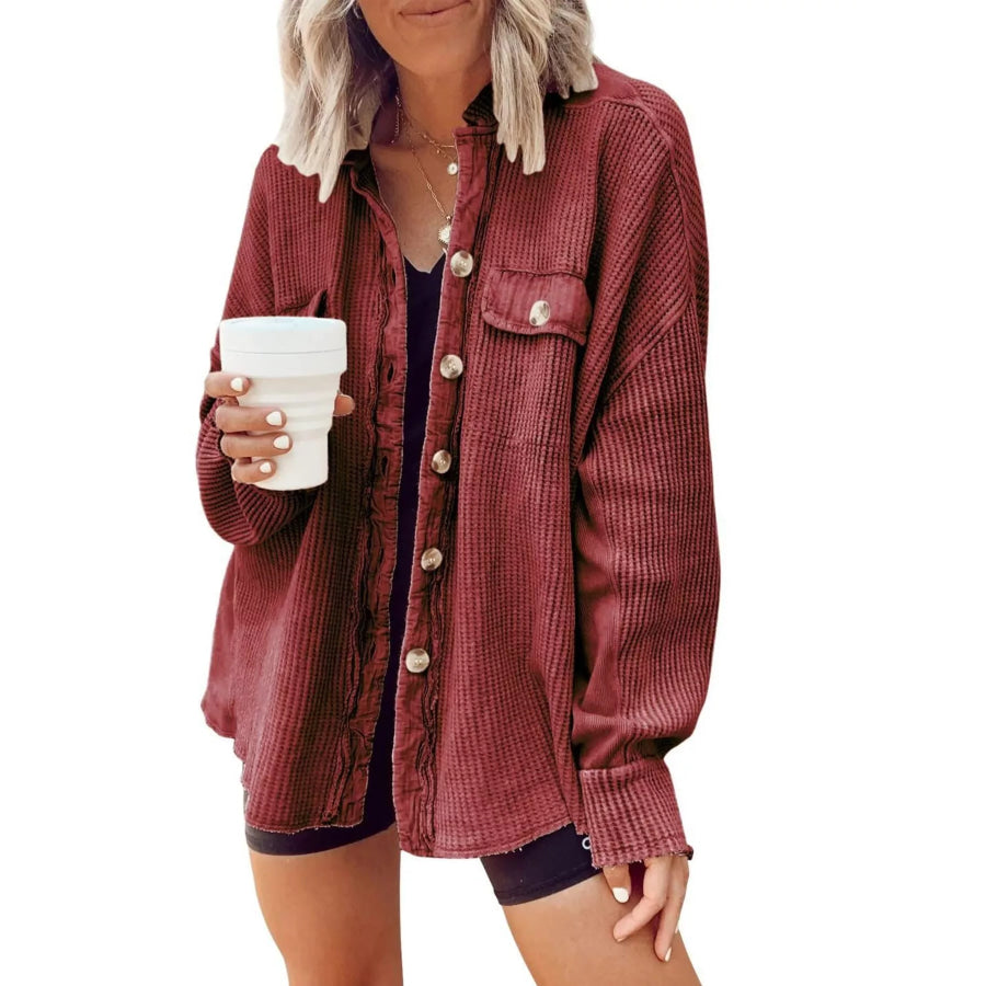 Oversized Waffle Knit Button-Up Jacket Burgundy / S Apparel and Accessories