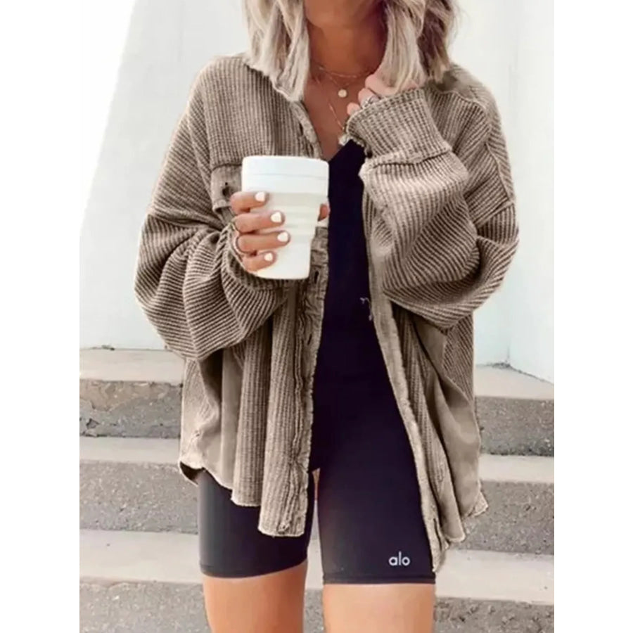 Oversized Waffle Knit Button-Up Jacket Khaki / S Apparel and Accessories