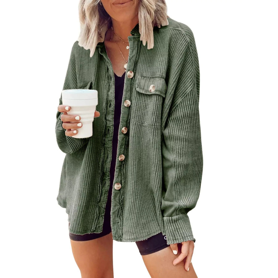 Oversized Waffle Knit Button-Up Jacket Light Green / S Apparel and Accessories