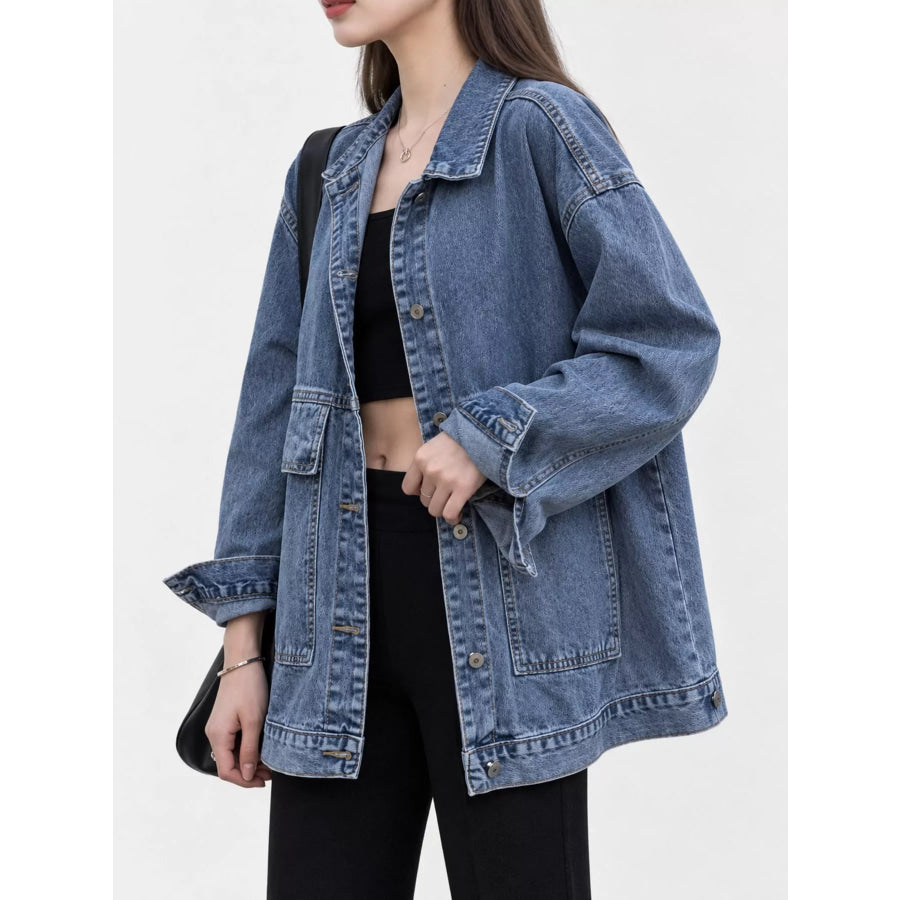 Oversized Wash Denim Jacket with Utility Pockets Apparel and Accessories