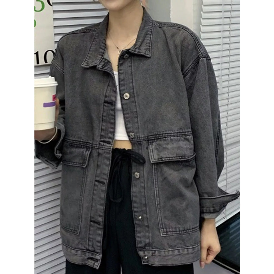 Oversized Wash Denim Jacket with Utility Pockets Apparel and Accessories