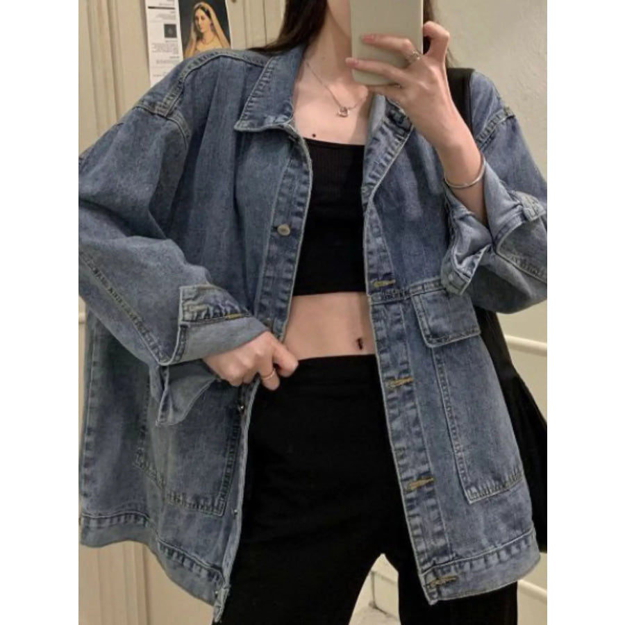 Oversized Wash Denim Jacket with Utility Pockets Apparel and Accessories