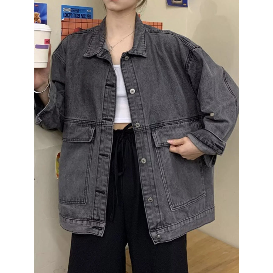 Oversized Wash Denim Jacket with Utility Pockets Apparel and Accessories
