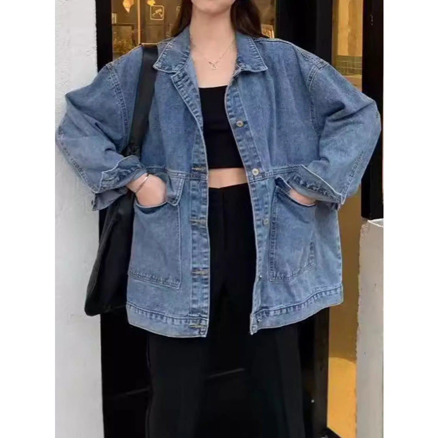 Oversized Wash Denim Jacket with Utility Pockets Apparel and Accessories