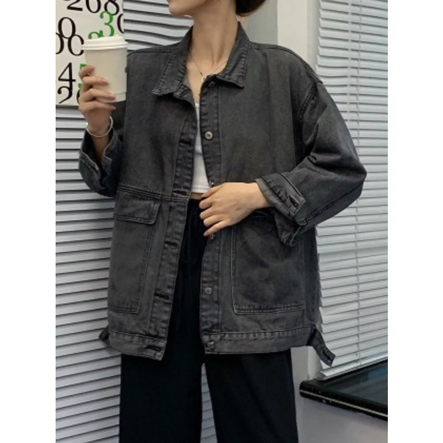 Oversized Wash Denim Jacket with Utility Pockets Apparel and Accessories