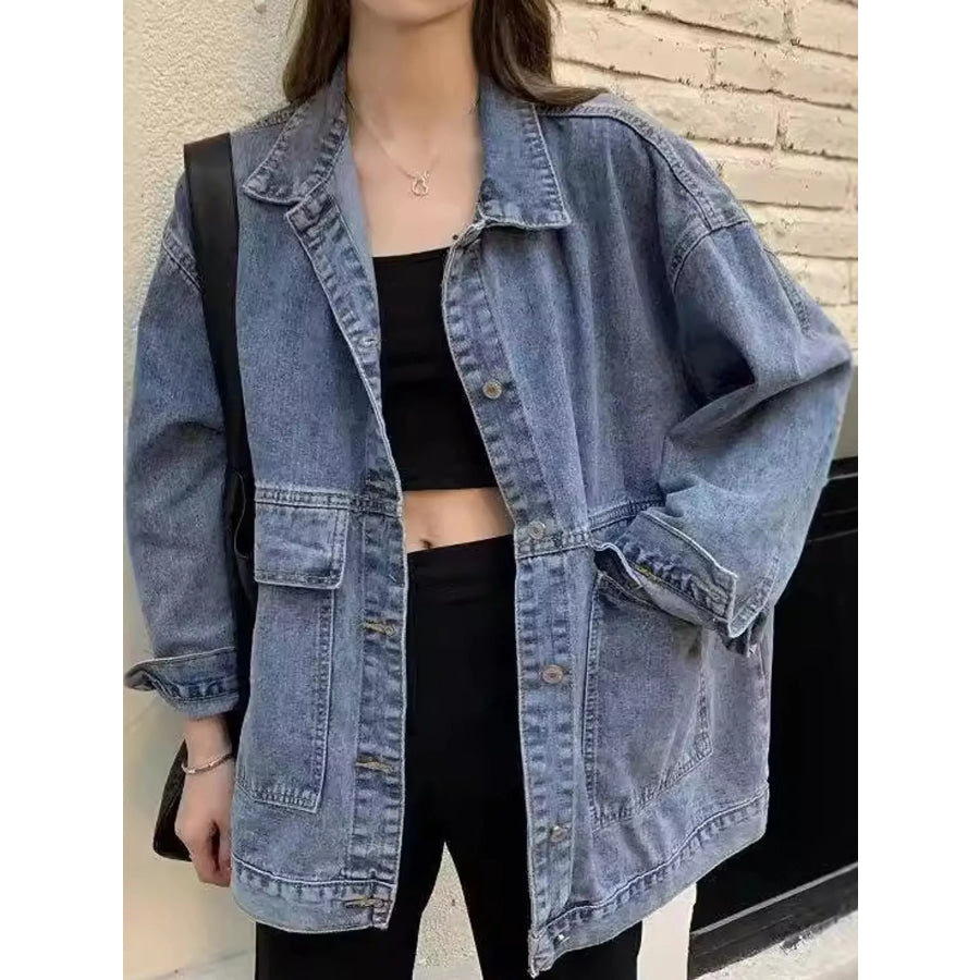 Oversized Wash Denim Jacket with Utility Pockets Apparel and Accessories