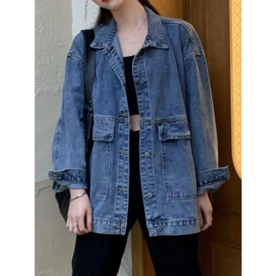 Oversized Wash Denim Jacket with Utility Pockets Apparel and Accessories