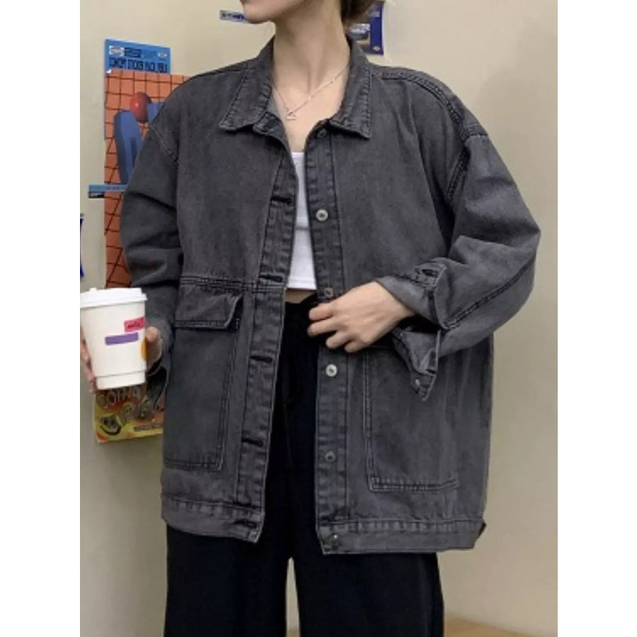 Oversized Wash Denim Jacket with Utility Pockets Apparel and Accessories