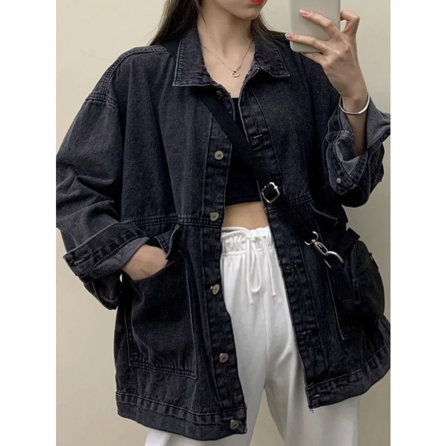 Oversized Wash Denim Jacket with Utility Pockets Black / S Apparel and Accessories
