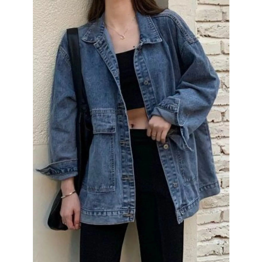 Oversized Wash Denim Jacket with Utility Pockets Blue / S Apparel and Accessories