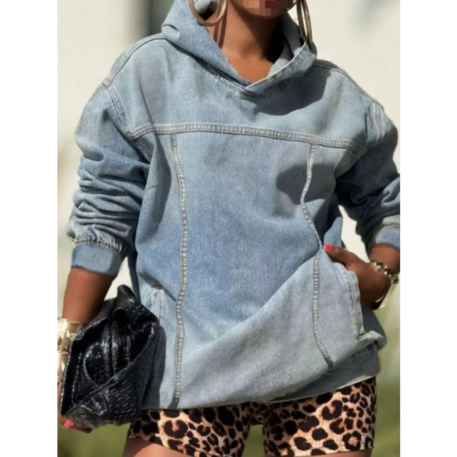 Oversized Washed Denim Hoodie with Front Pocket Light Blue / S