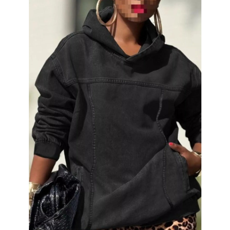 Oversized Washed Denim Hoodie with Front Pocket