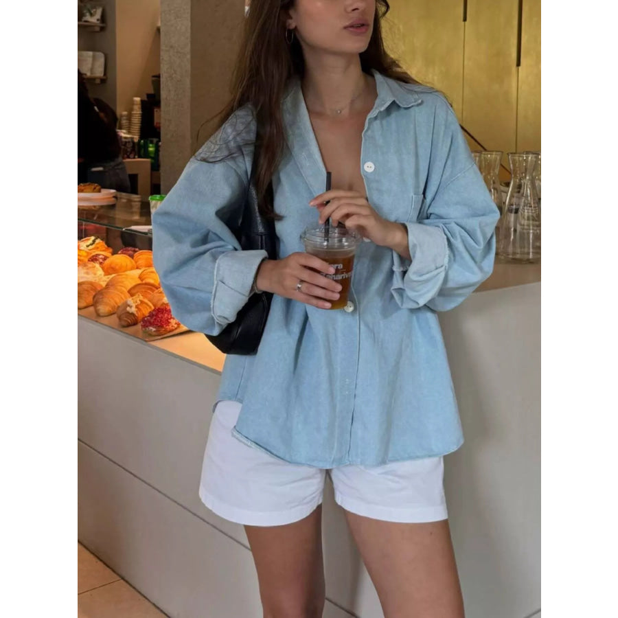 Oversized Washed Denim Shirt Top Light Blue / S Apparel and Accessories