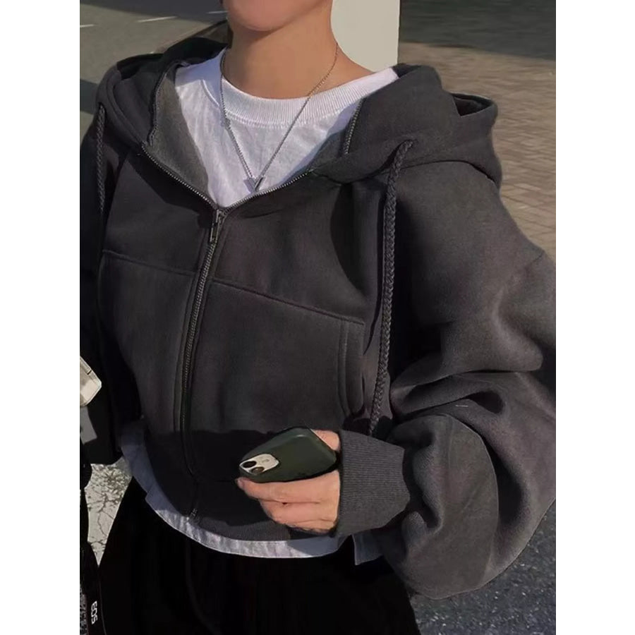 Oversized Zip-Up Cropped Hoodie Black / S Apparel and Accessories