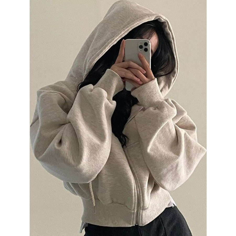 Oversized Zip-Up Cropped Hoodie Light Gray / S Apparel and Accessories