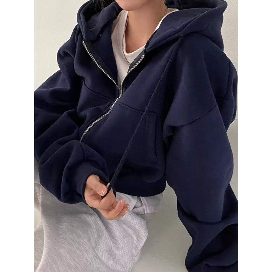 Oversized Zip-Up Cropped Hoodie Navy / S Apparel and Accessories