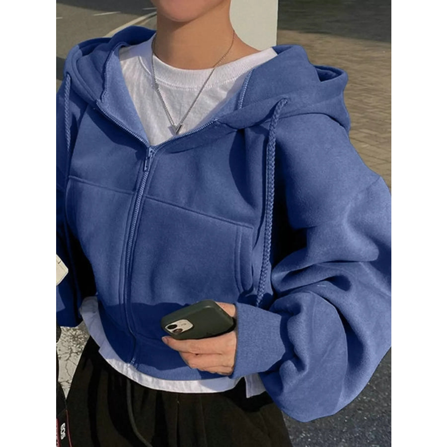 Oversized Zip-Up Cropped Hoodie Royal Blue / S Apparel and Accessories