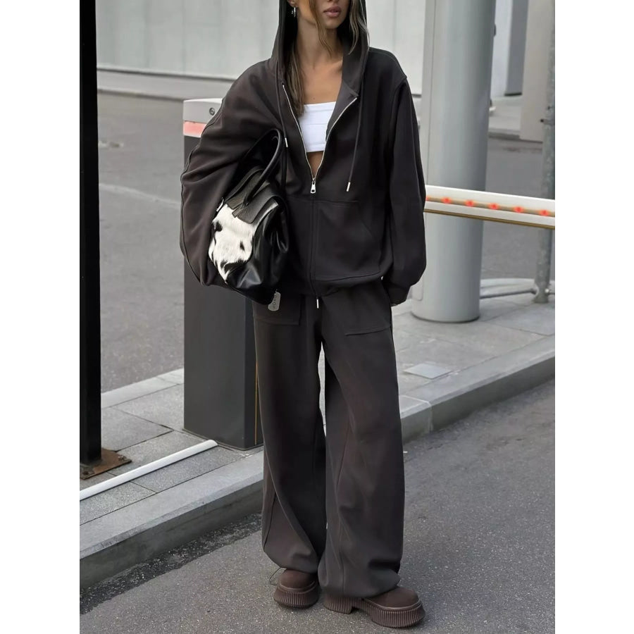 Oversized Zip-Up Hoodie and Wide-Leg Pants Set Apparel and Accessories