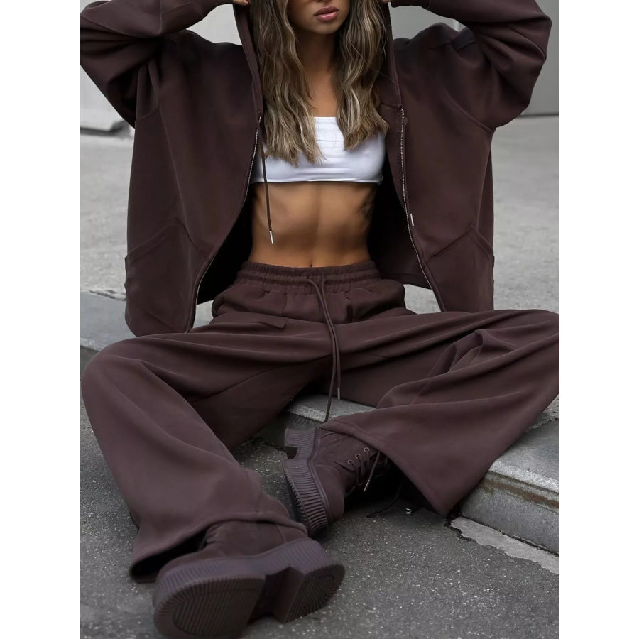 Oversized Zip-Up Hoodie and Wide-Leg Pants Set Apparel and Accessories