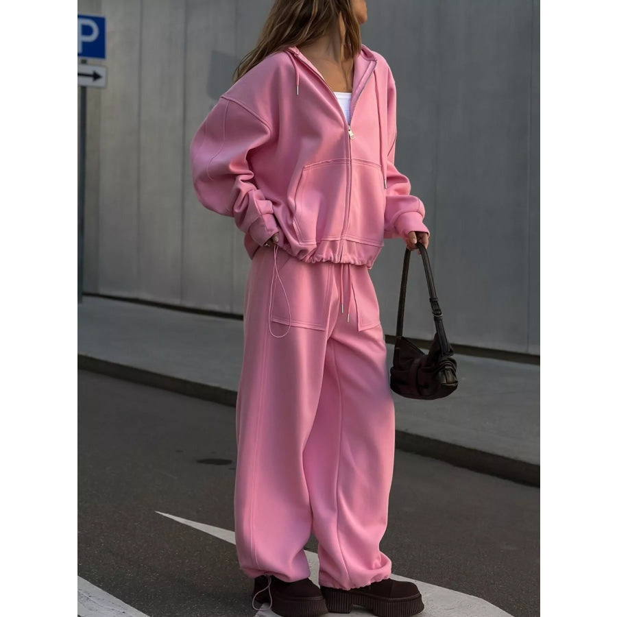 Oversized Zip-Up Hoodie and Wide-Leg Pants Set Apparel and Accessories