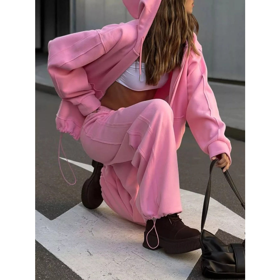 Oversized Zip-Up Hoodie and Wide-Leg Pants Set Apparel and Accessories