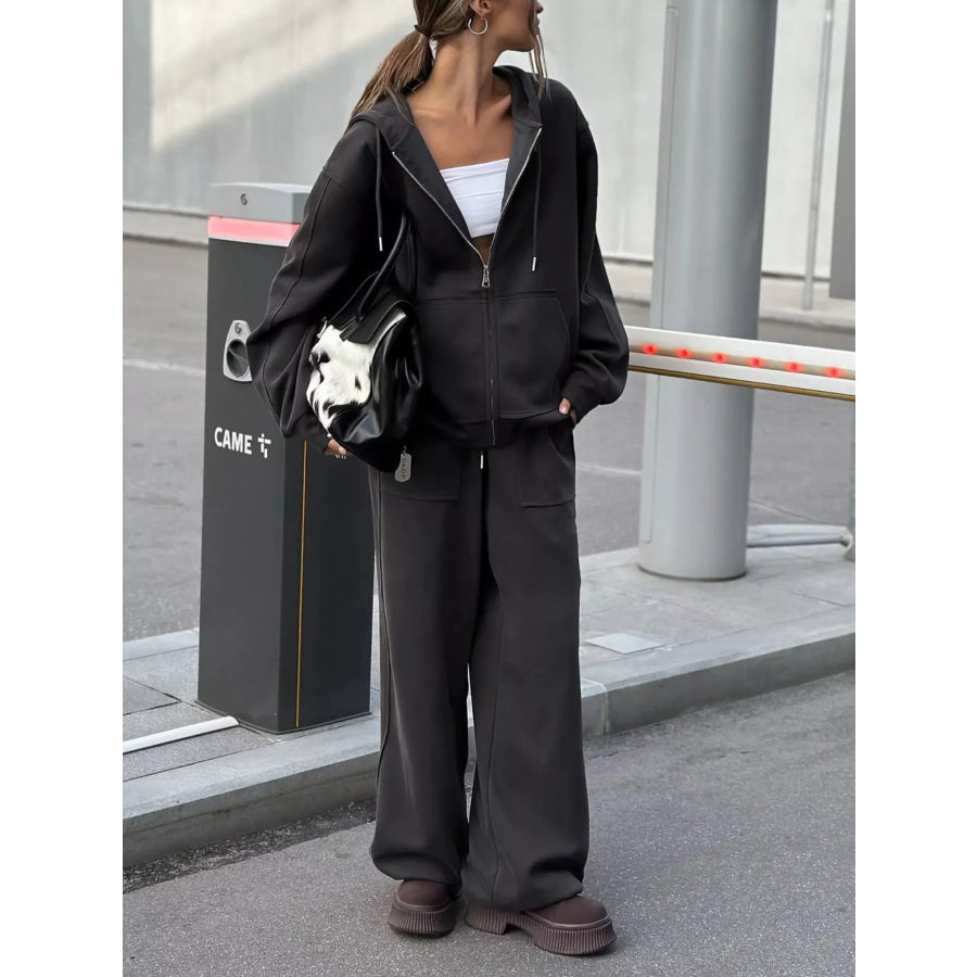 Oversized Zip-Up Hoodie and Wide-Leg Pants Set Apparel and Accessories