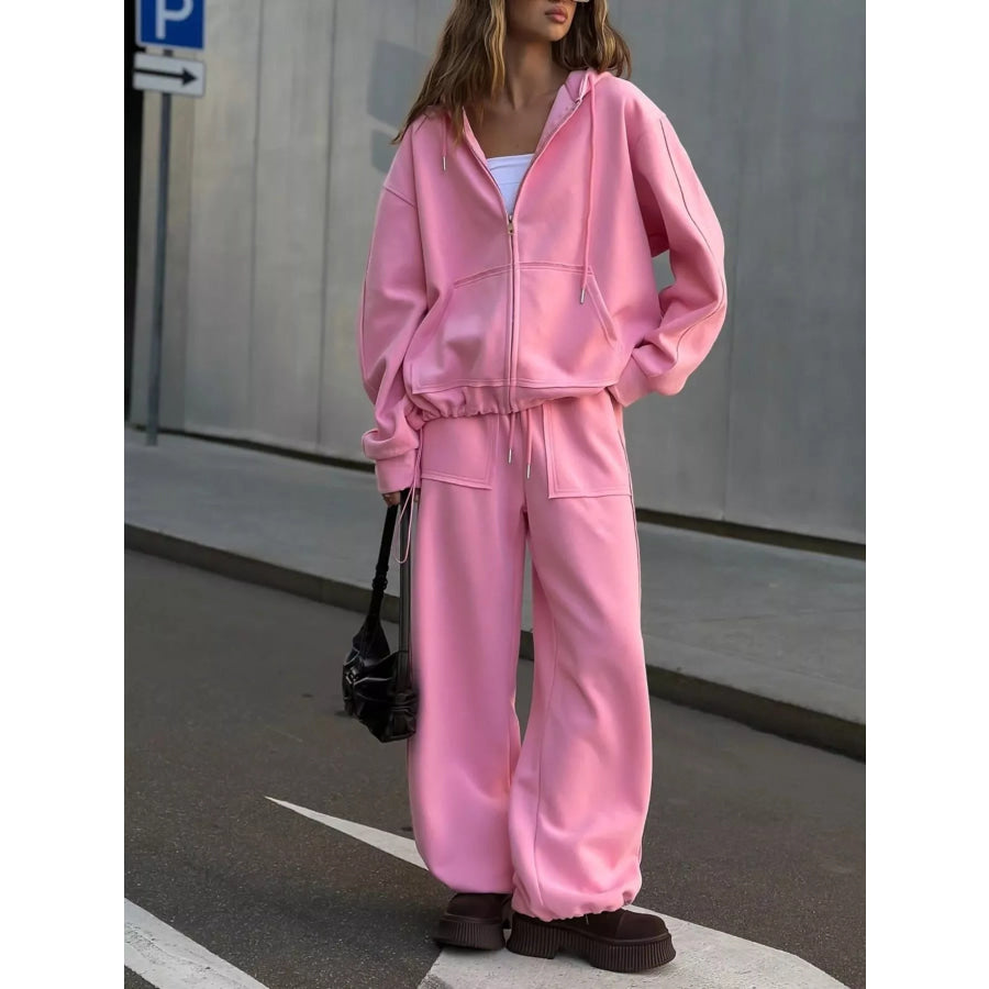 Oversized Zip-Up Hoodie and Wide-Leg Pants Set Apparel and Accessories